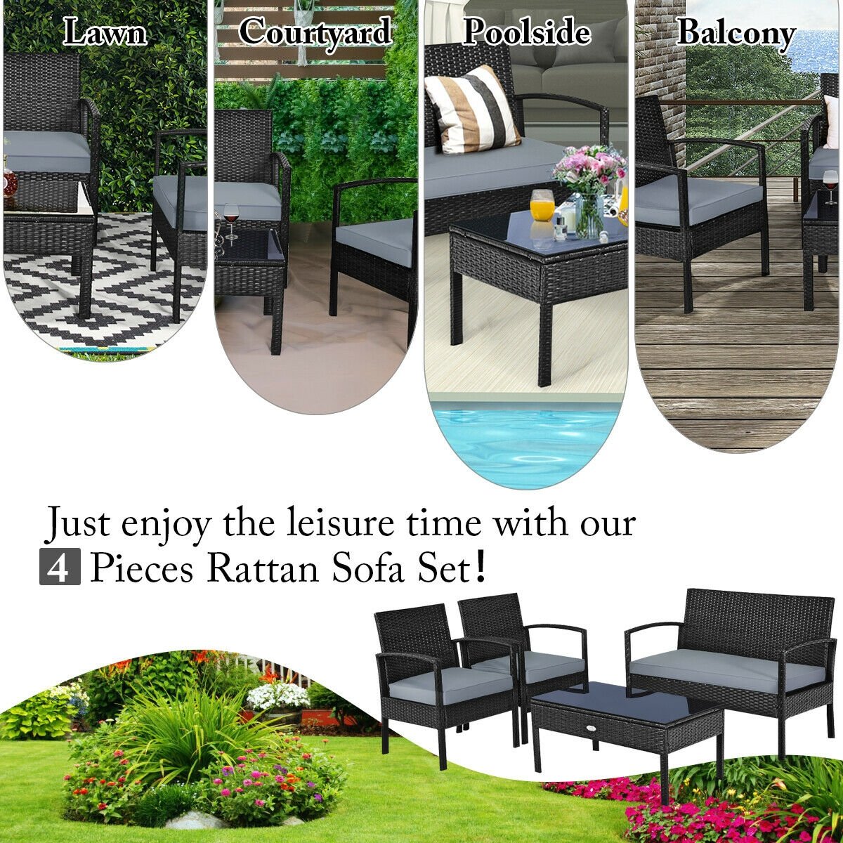 4 Pieces Patio Rattan Cushioned Furniture Set with Loveseat and Table, Black Patio Conversation Sets   at Gallery Canada