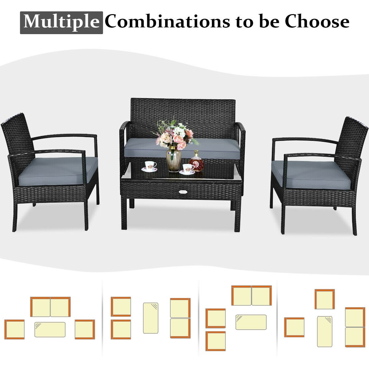 4 Pieces Patio Rattan Cushioned Furniture Set with Loveseat and Table, Black Patio Conversation Sets   at Gallery Canada