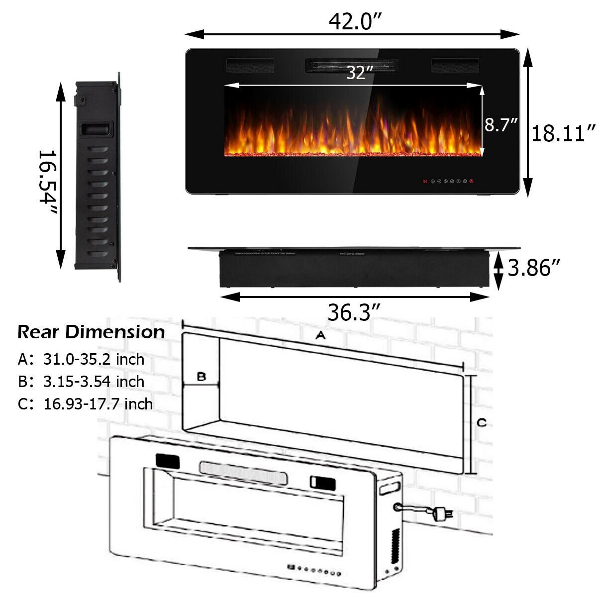 42 Inch Recessed Ultra Thin Electric Fireplace with Timer, Black Fireplaces   at Gallery Canada