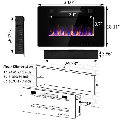 30-Inch Recessed Ultra Thin Electric Fireplace Heater with Glass Appearance, Black - Gallery Canada