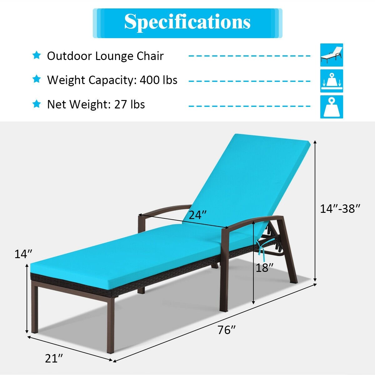 Patio Rattan Lounge Chaise Recliner with Back Adjustable Cushioned, Turquoise Outdoor Chaise Lounges   at Gallery Canada