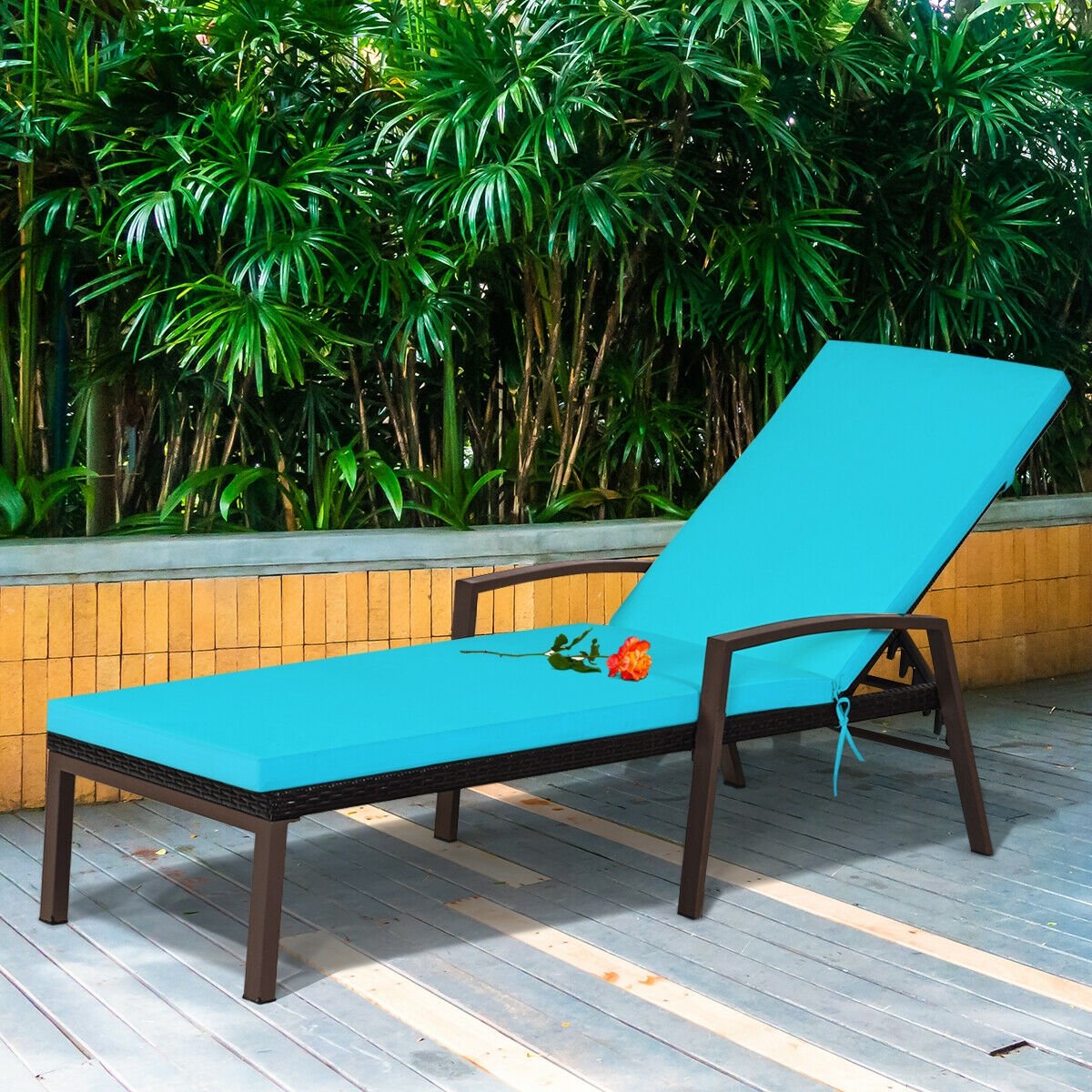 Patio Rattan Lounge Chaise Recliner with Back Adjustable Cushioned, Turquoise Outdoor Chaise Lounges   at Gallery Canada