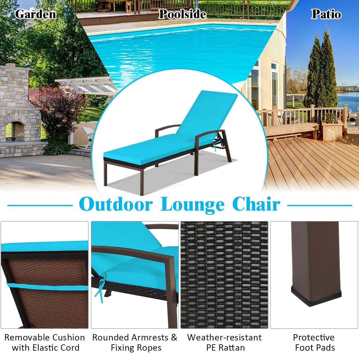 Patio Rattan Lounge Chaise Recliner with Back Adjustable Cushioned, Turquoise Outdoor Chaise Lounges   at Gallery Canada