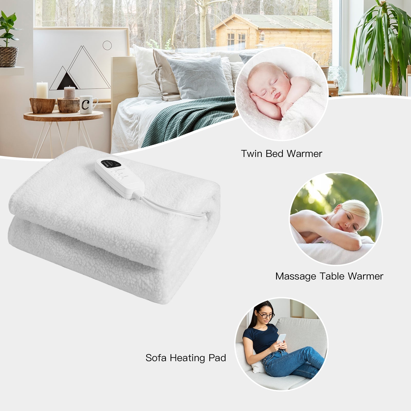 71 x 31 Inch Massage Bed Warmer Heating Pad with 5 Heat Settings, White Mattresses at Gallery Canada