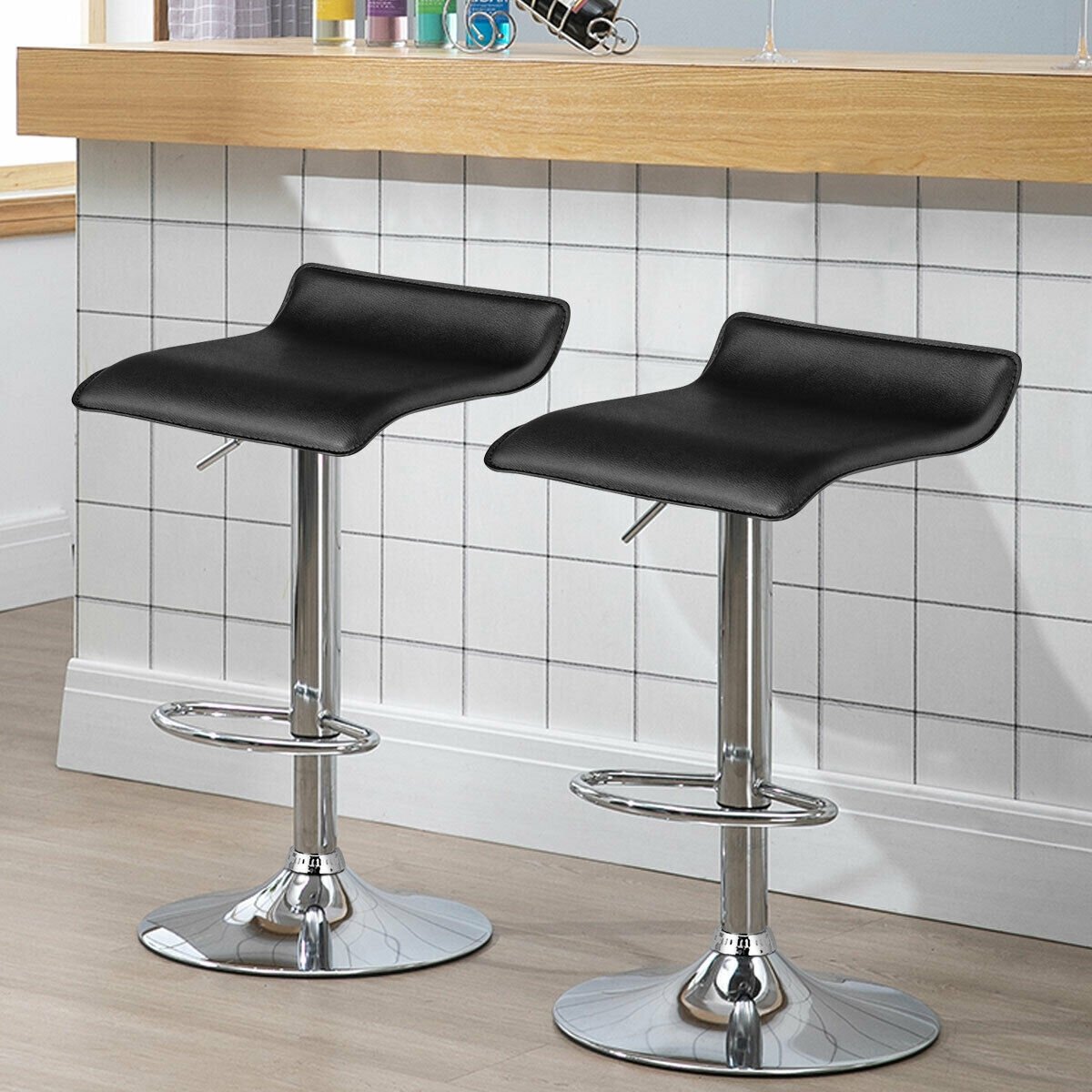 Set of 2 Adjustable PU Leather Backless Bar Stools, Black Bar Stools   at Gallery Canada