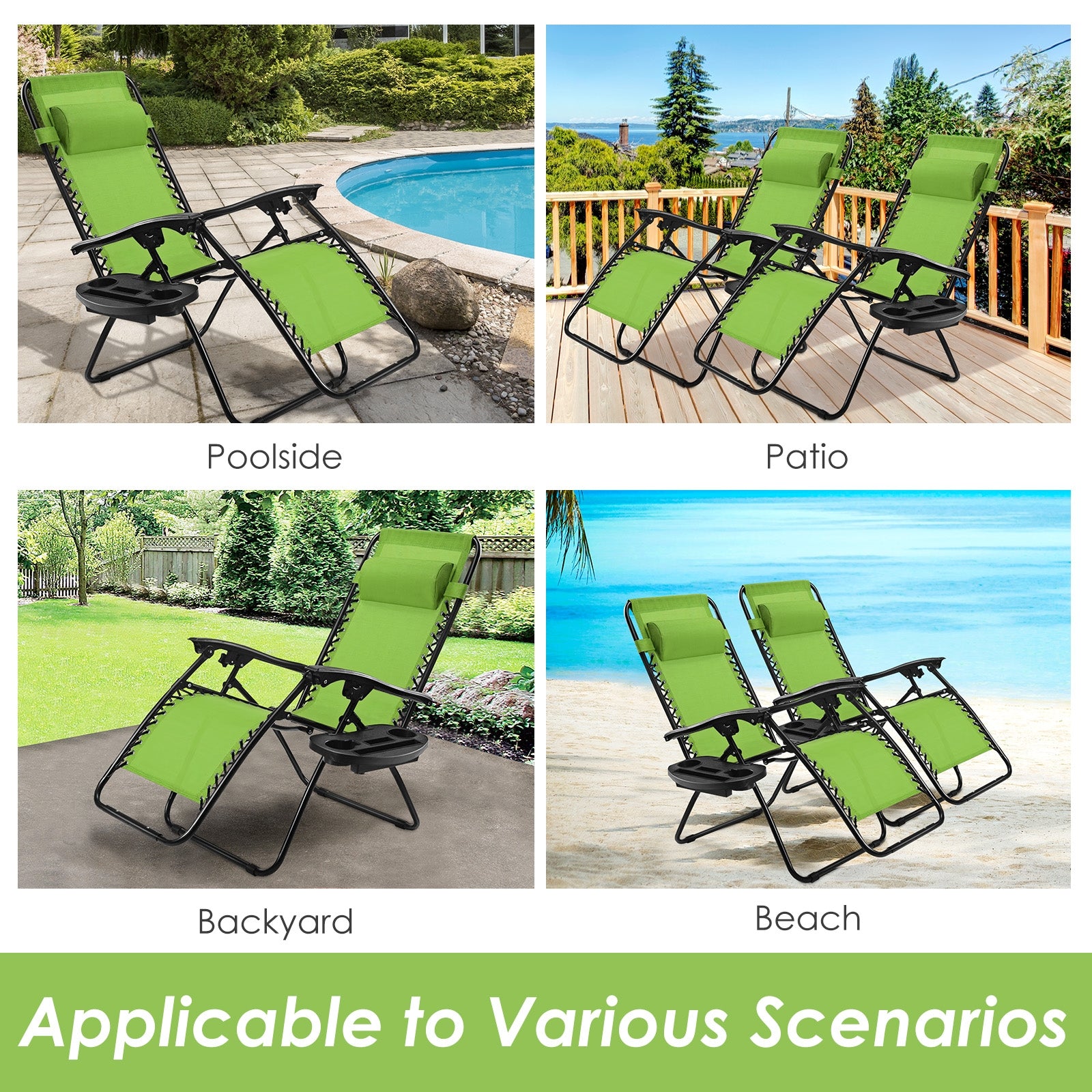 Outdoor Folding Zero Gravity Reclining Lounge Chair with Utility Tray, Green Beach & Lawn Chairs at Gallery Canada