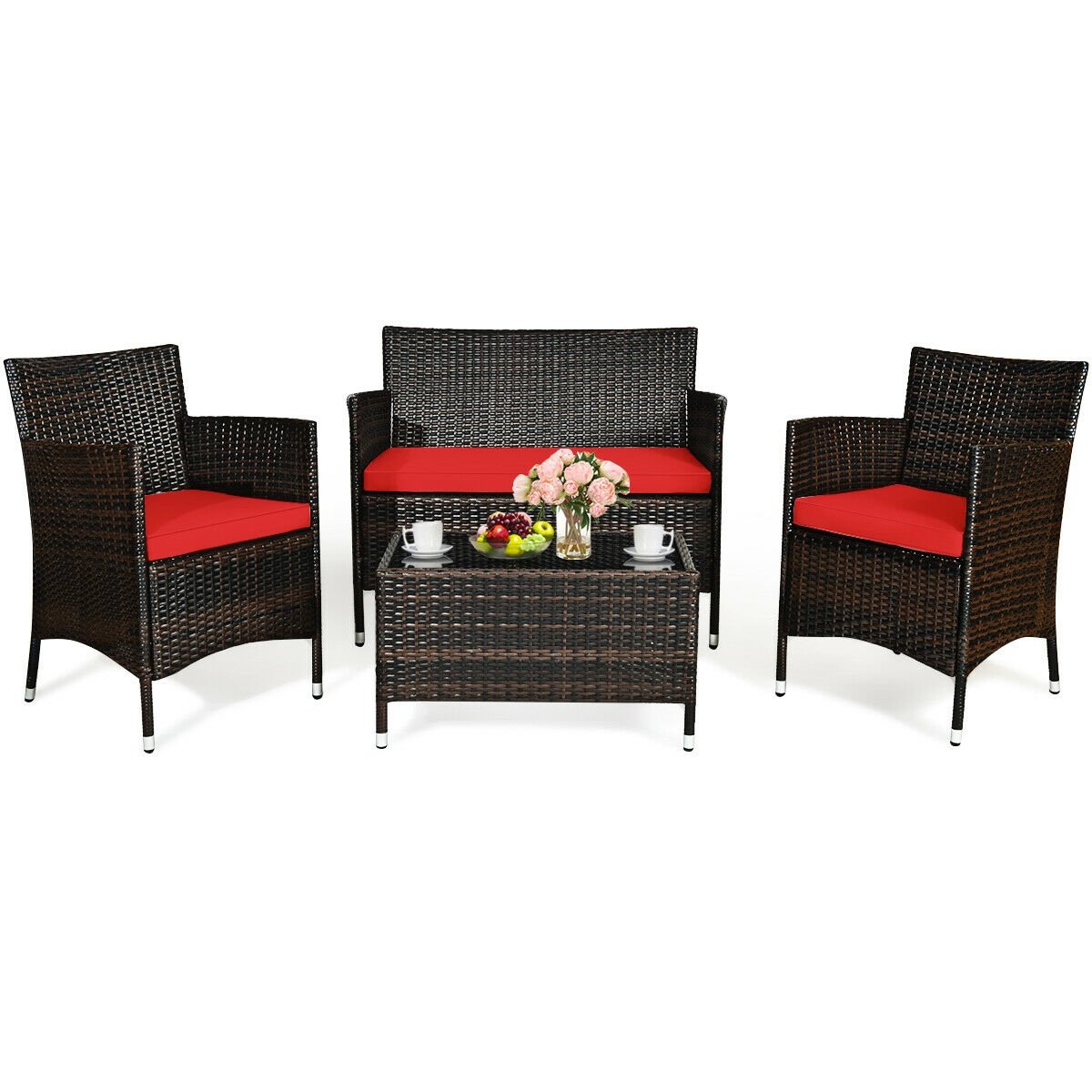 4 Pieces Comfortable Rattan Outdoor Conversation Furniture Set with Glass Table, Red Patio Conversation Sets   at Gallery Canada