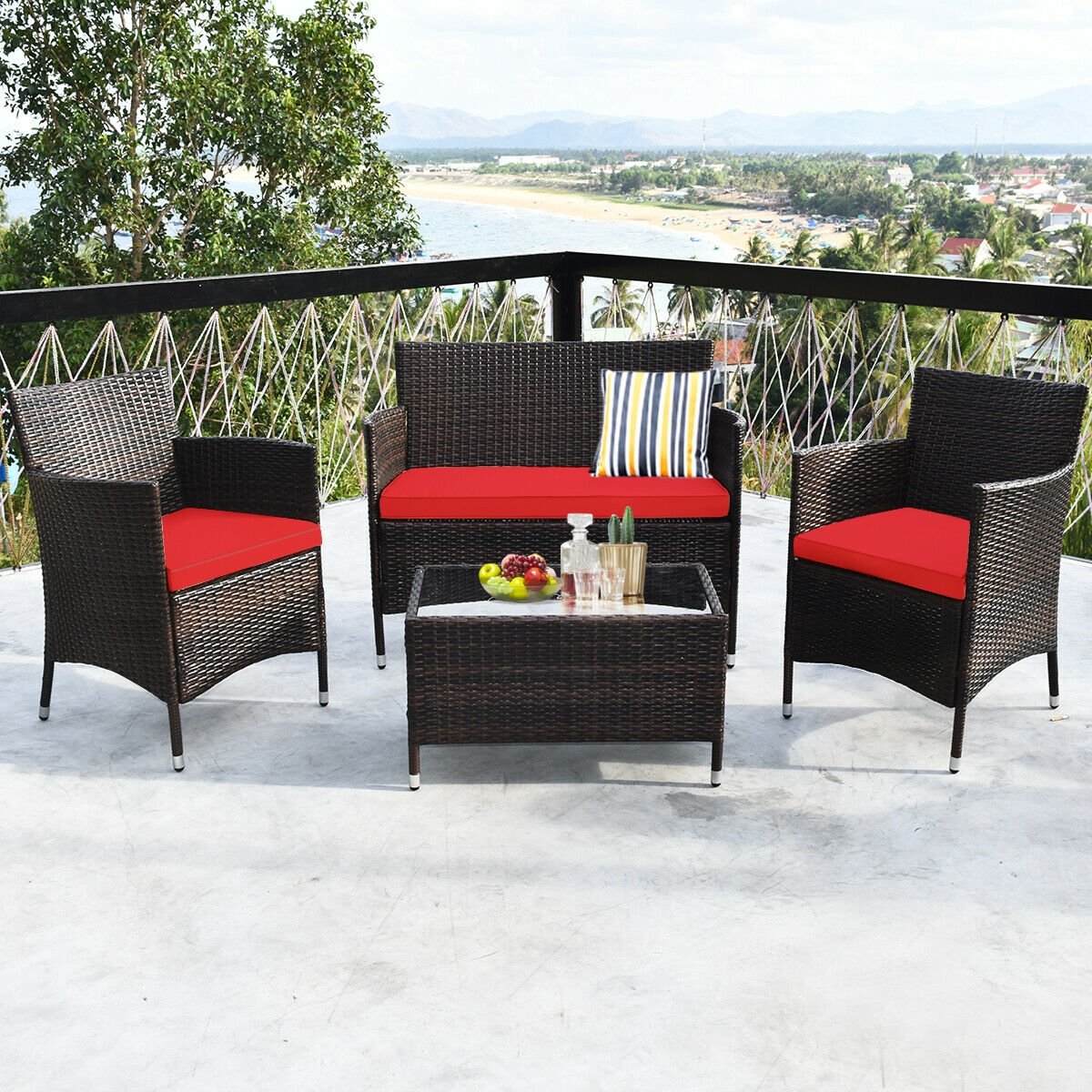 4 Pieces Comfortable Rattan Outdoor Conversation Furniture Set with Glass Table, Red Patio Conversation Sets   at Gallery Canada