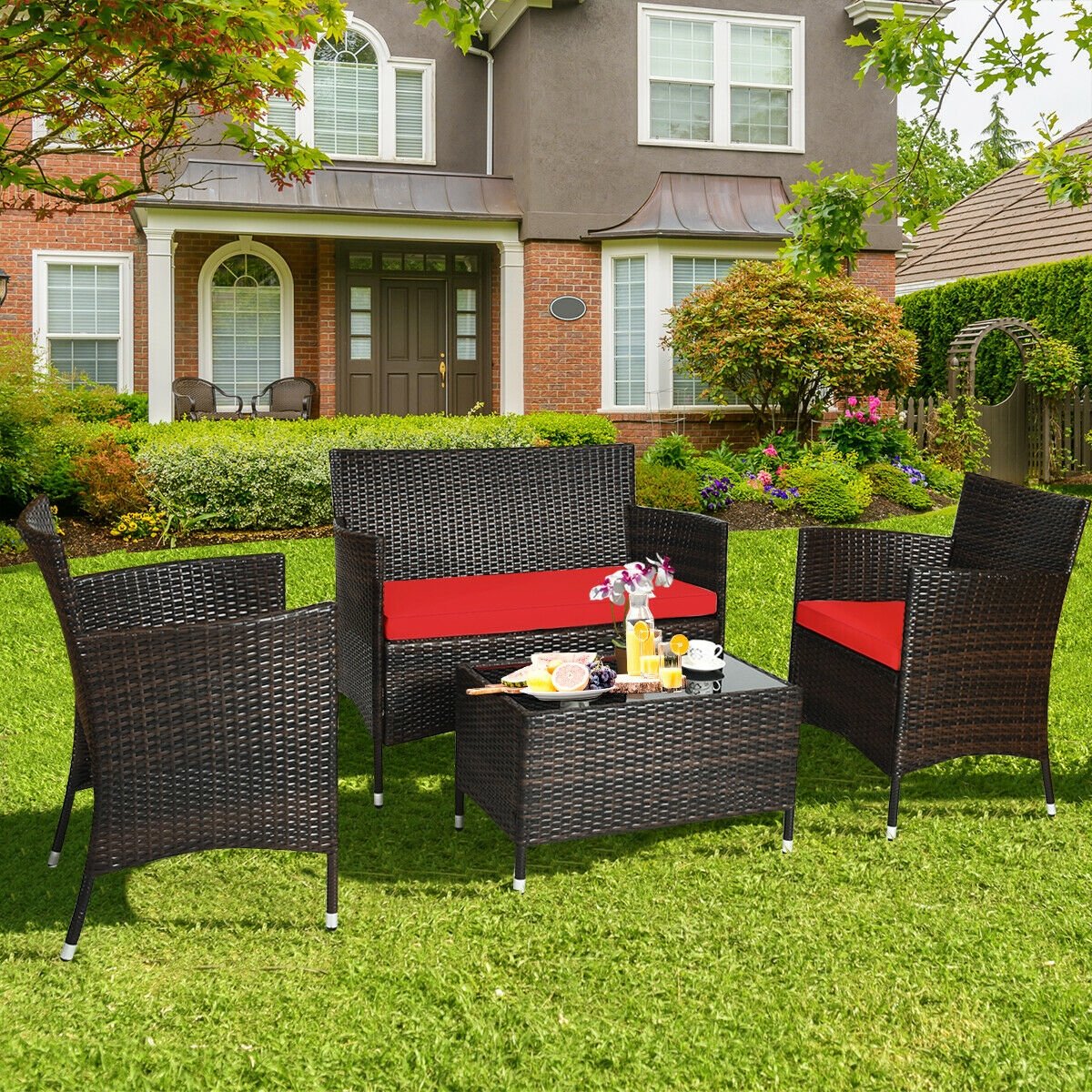 4 Pieces Comfortable Rattan Outdoor Conversation Furniture Set with Glass Table, Red Patio Conversation Sets   at Gallery Canada