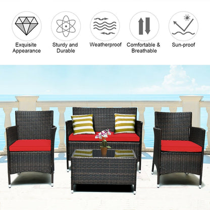 4 Pieces Comfortable Rattan Outdoor Conversation Furniture Set with Glass Table, Red Patio Conversation Sets   at Gallery Canada