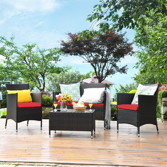 4 Pieces Comfortable Rattan Outdoor Conversation Furniture Set with Glass Table, Red Patio Conversation Sets   at Gallery Canada