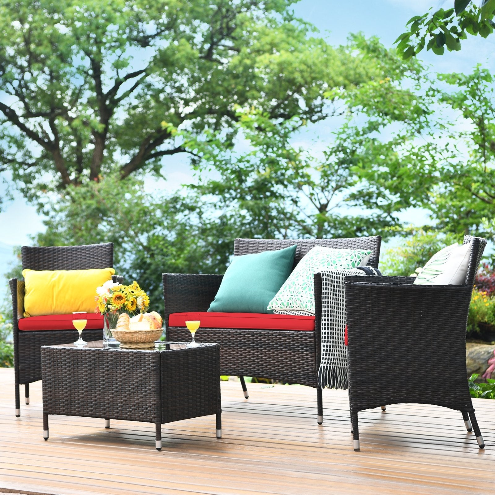 4 Pieces Comfortable Rattan Outdoor Conversation Furniture Set with Glass Table, Red Patio Conversation Sets   at Gallery Canada