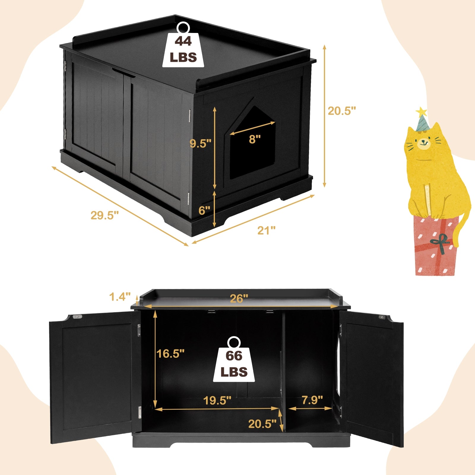 Cat Litter Box Enclosure with Double Doors for Large Cat and Kitty, Black Cat Houses at Gallery Canada