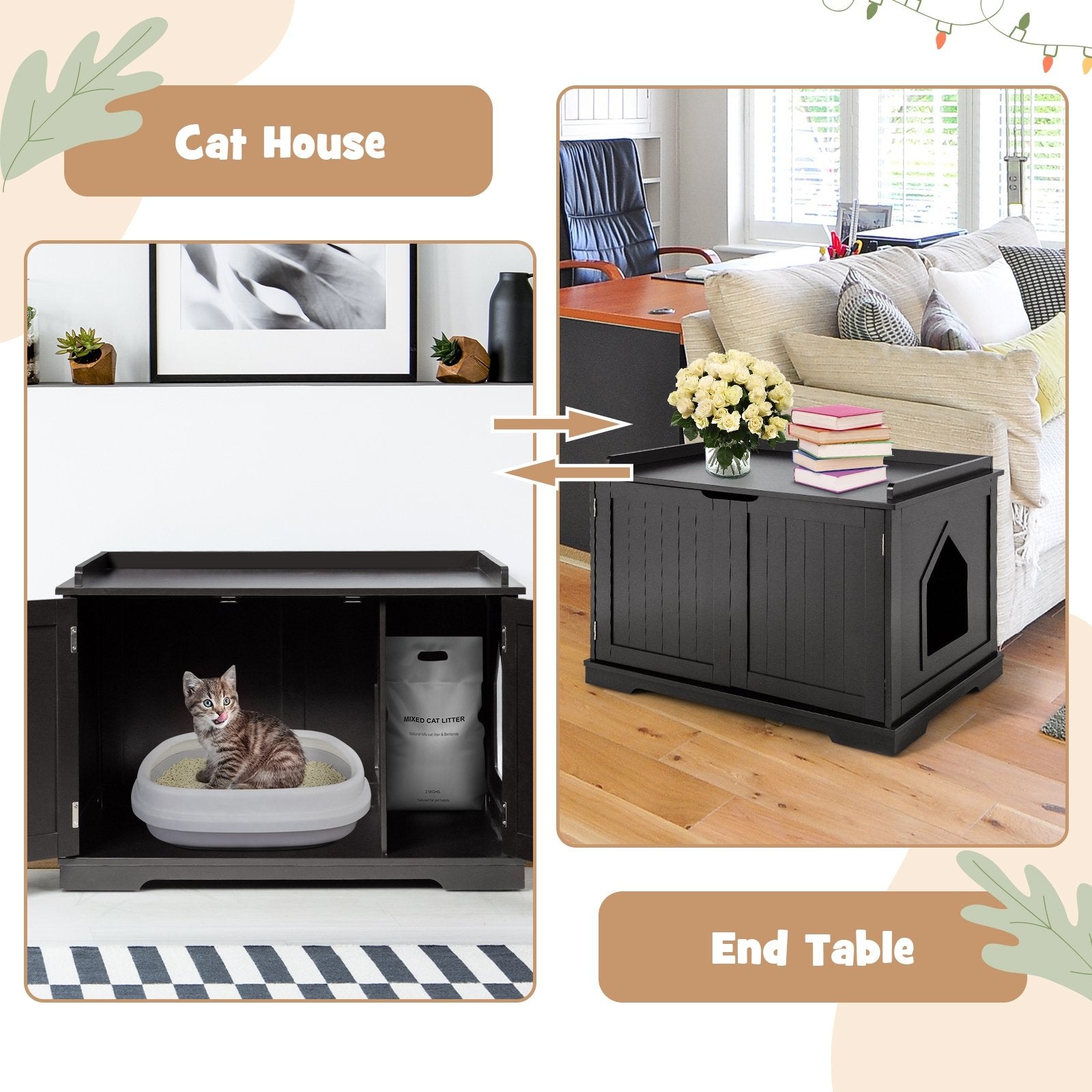 Cat Litter Box Enclosure with Double Doors for Large Cat and Kitty, Black - Gallery Canada