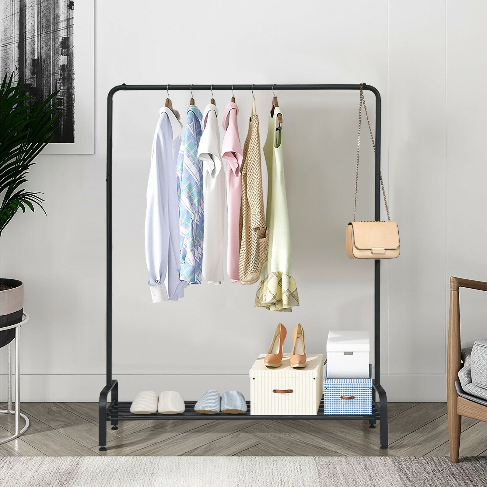 Heavy Duty Clothes Stand Rack with Top Rod and Lower Storage Shelf, Black Clothing & Closet Storage   at Gallery Canada