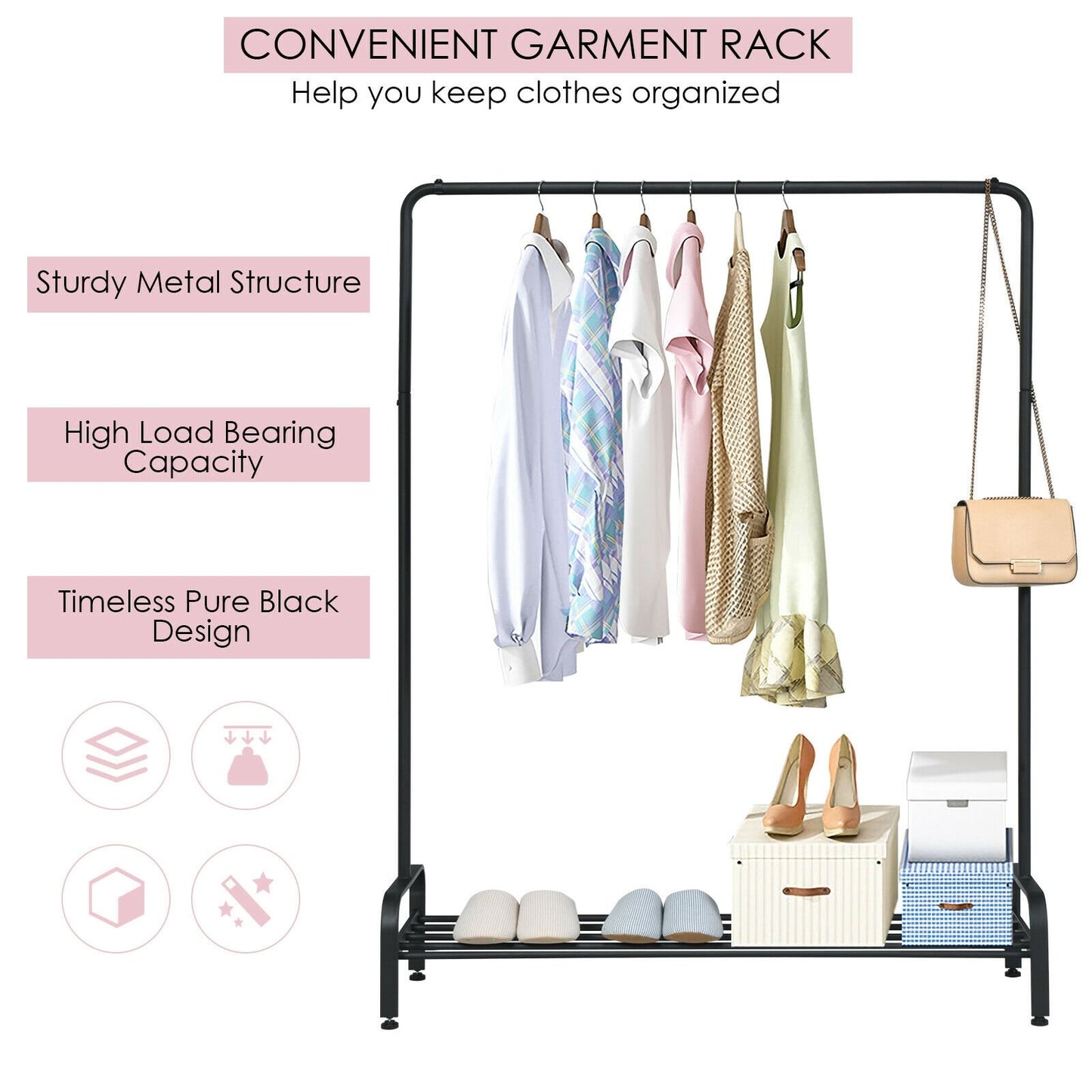 Heavy Duty Clothes Stand Rack with Top Rod and Lower Storage Shelf, Black Clothing & Closet Storage   at Gallery Canada