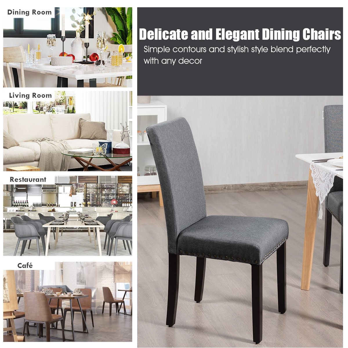 Set of 2 Fabric Upholstered Dining Chairs with Nailhead, Gray Dining Chairs   at Gallery Canada