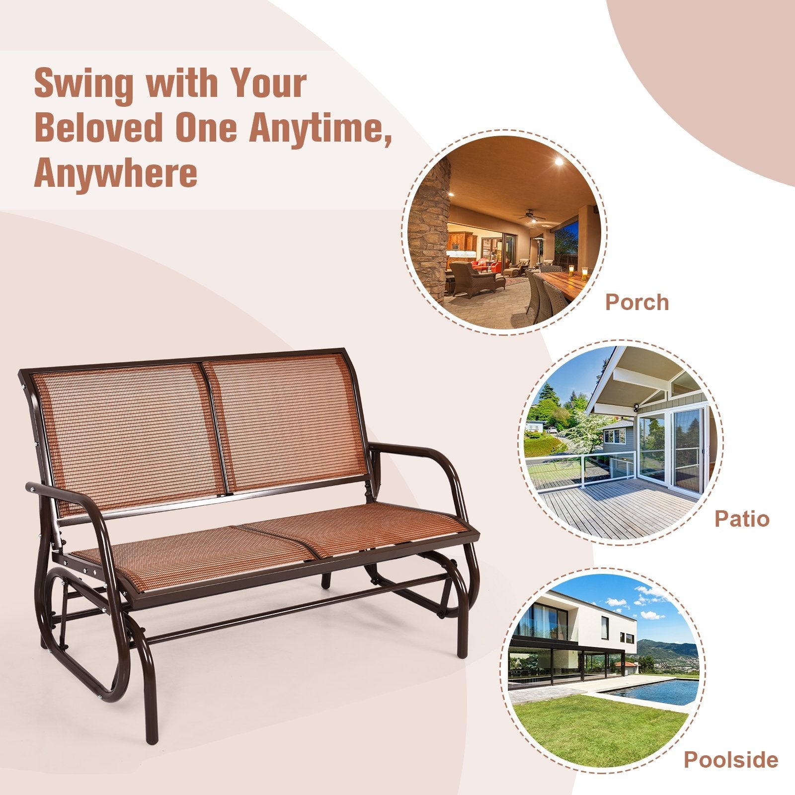 Swing Glider Chair 48 Inch Loveseat Rocker Lounge Backyard, Brown Patio Rocking Chairs & Gliders   at Gallery Canada