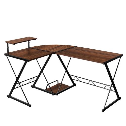 L-Shaped Computer Gaming Desk with Monitor Stand and Host Tray, Walnut