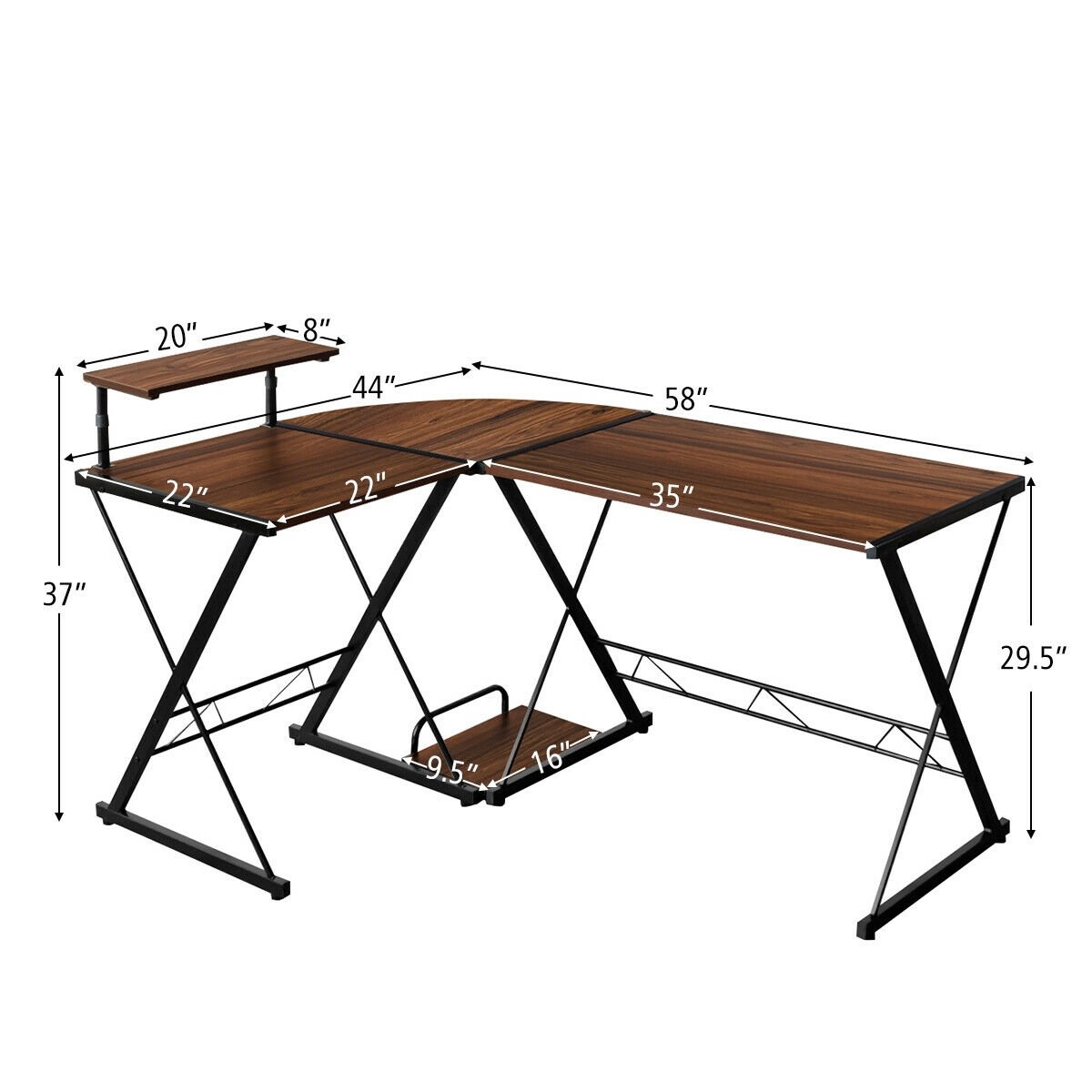 L-Shaped Computer Gaming Desk with Monitor Stand and Host Tray, Walnut L-Shaped Desks   at Gallery Canada