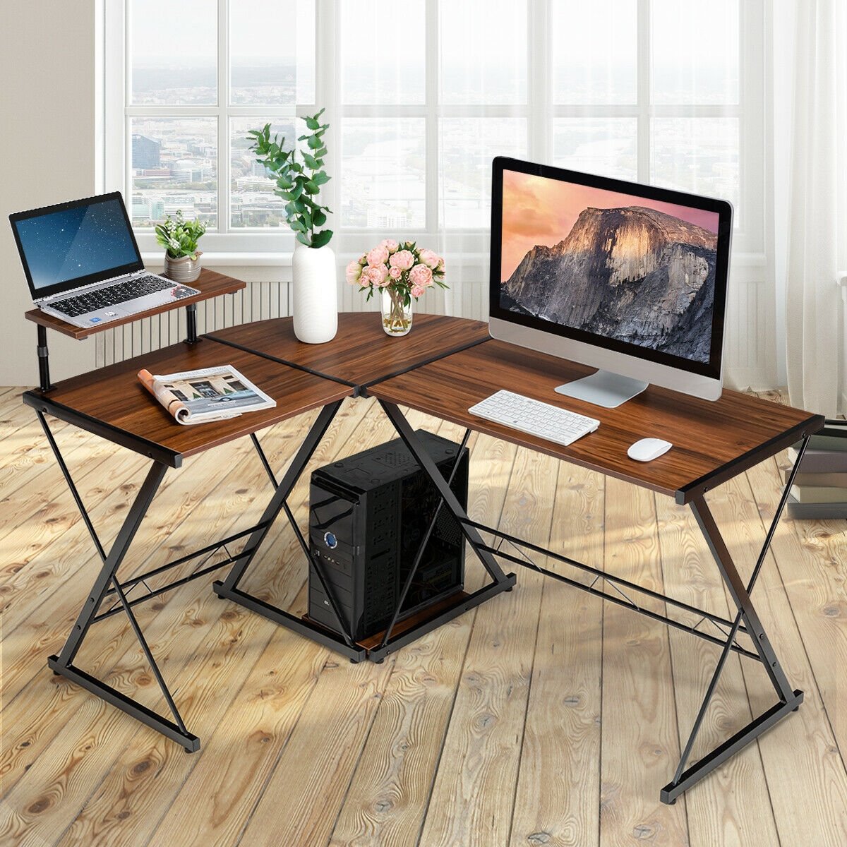 L-Shaped Computer Gaming Desk with Monitor Stand and Host Tray, Walnut L-Shaped Desks   at Gallery Canada