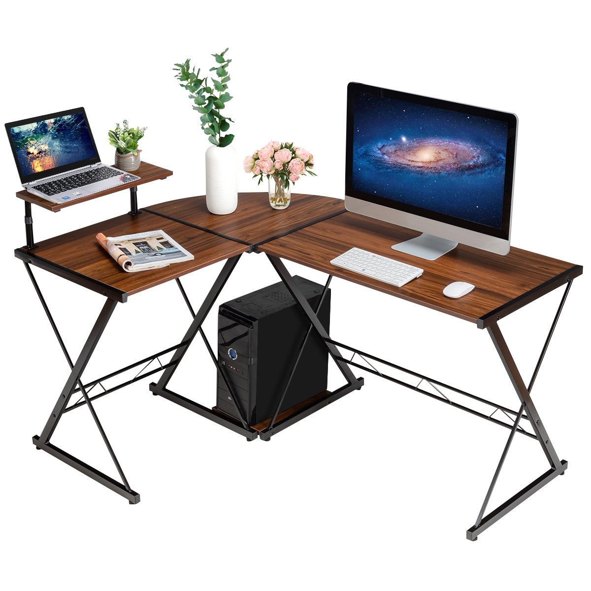 L-Shaped Computer Gaming Desk with Monitor Stand and Host Tray, Walnut L-Shaped Desks   at Gallery Canada