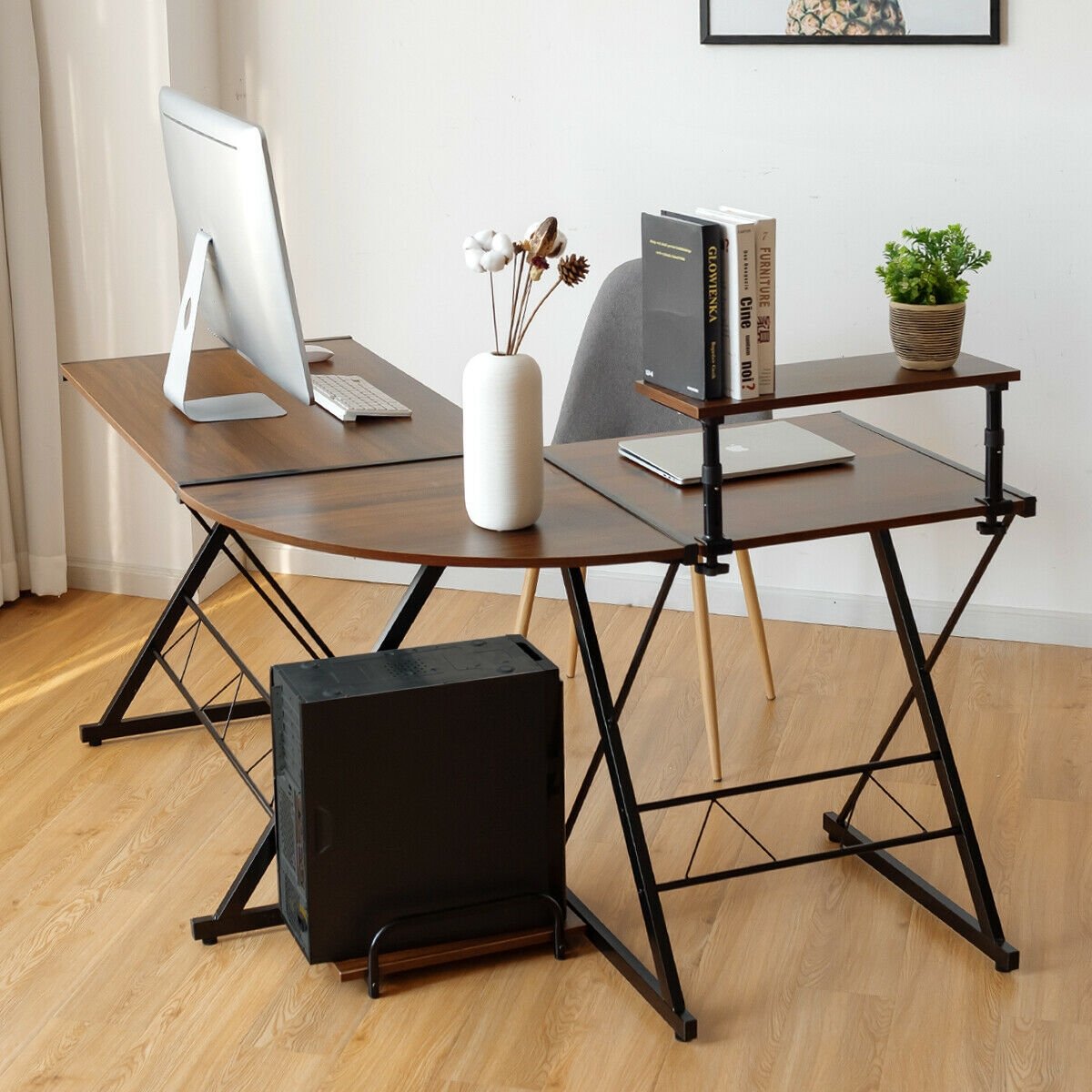 L-Shaped Computer Gaming Desk with Monitor Stand and Host Tray, Walnut L-Shaped Desks   at Gallery Canada