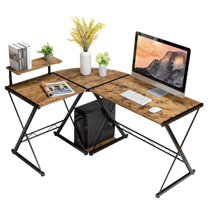 L-Shaped Computer Gaming Desk with Monitor Stand and Host Tray, Rustic Brown - Gallery Canada