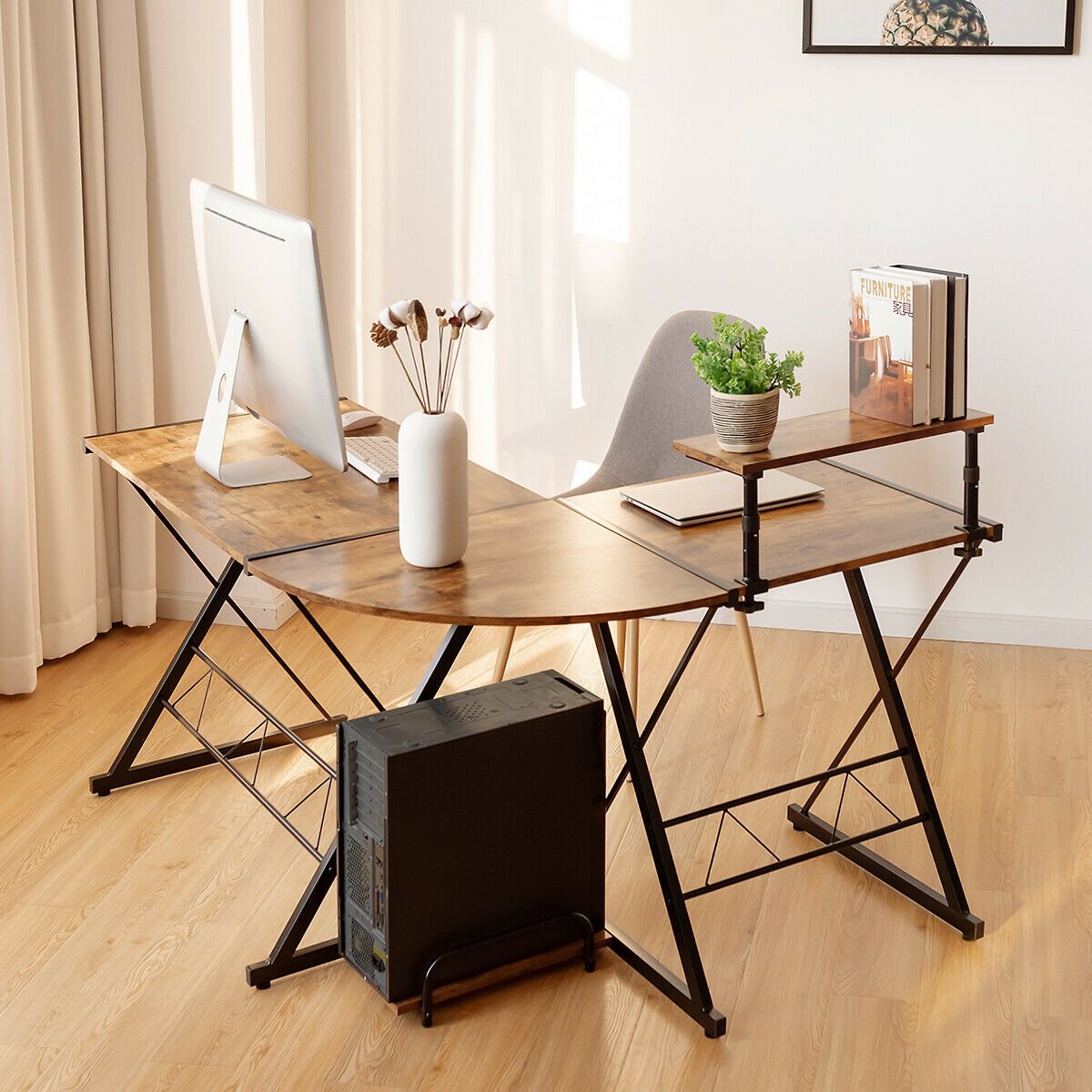 L-Shaped Computer Gaming Desk with Monitor Stand and Host Tray, Rustic Brown - Gallery Canada