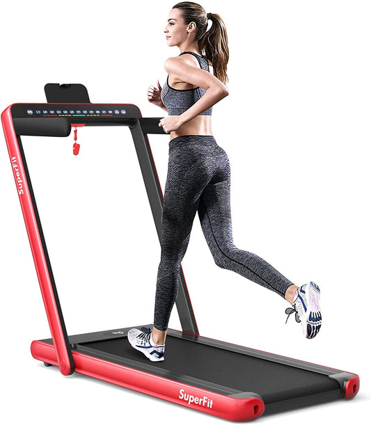 2-in-1 Electric Motorized Health and Fitness Folding Treadmill with Dual Display and Speaker, Red Treadmills Red  at Gallery Canada