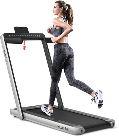 2-in-1 Electric Motorized Health and Fitness Folding Treadmill with Dual Display, Silver Treadmills Silver  at Gallery Canada