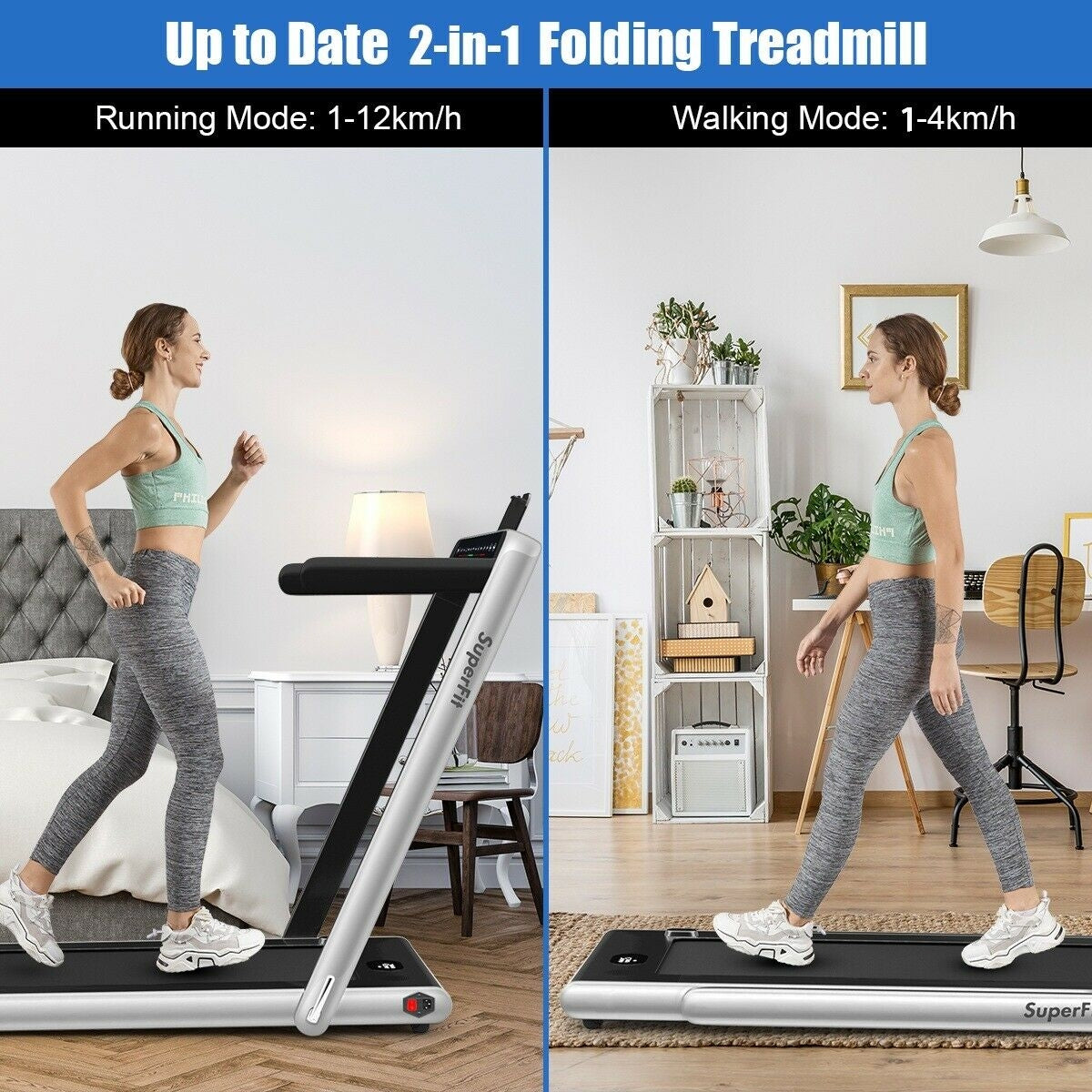 2-in-1 Electric Motorized Health and Fitness Folding Treadmill with Dual Display, Silver Treadmills   at Gallery Canada