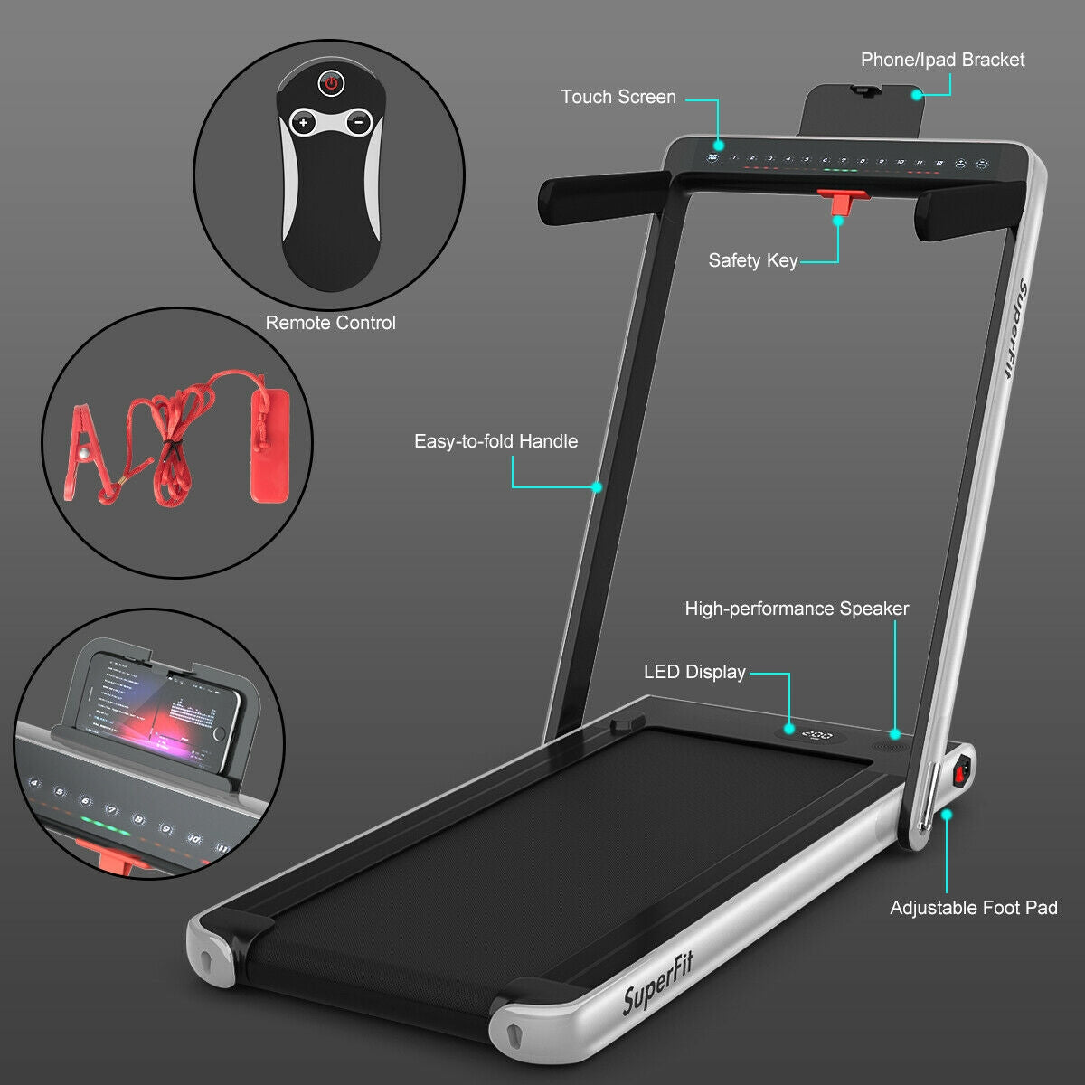 2-in-1 Electric Motorized Health and Fitness Folding Treadmill with Dual Display, Silver Treadmills   at Gallery Canada