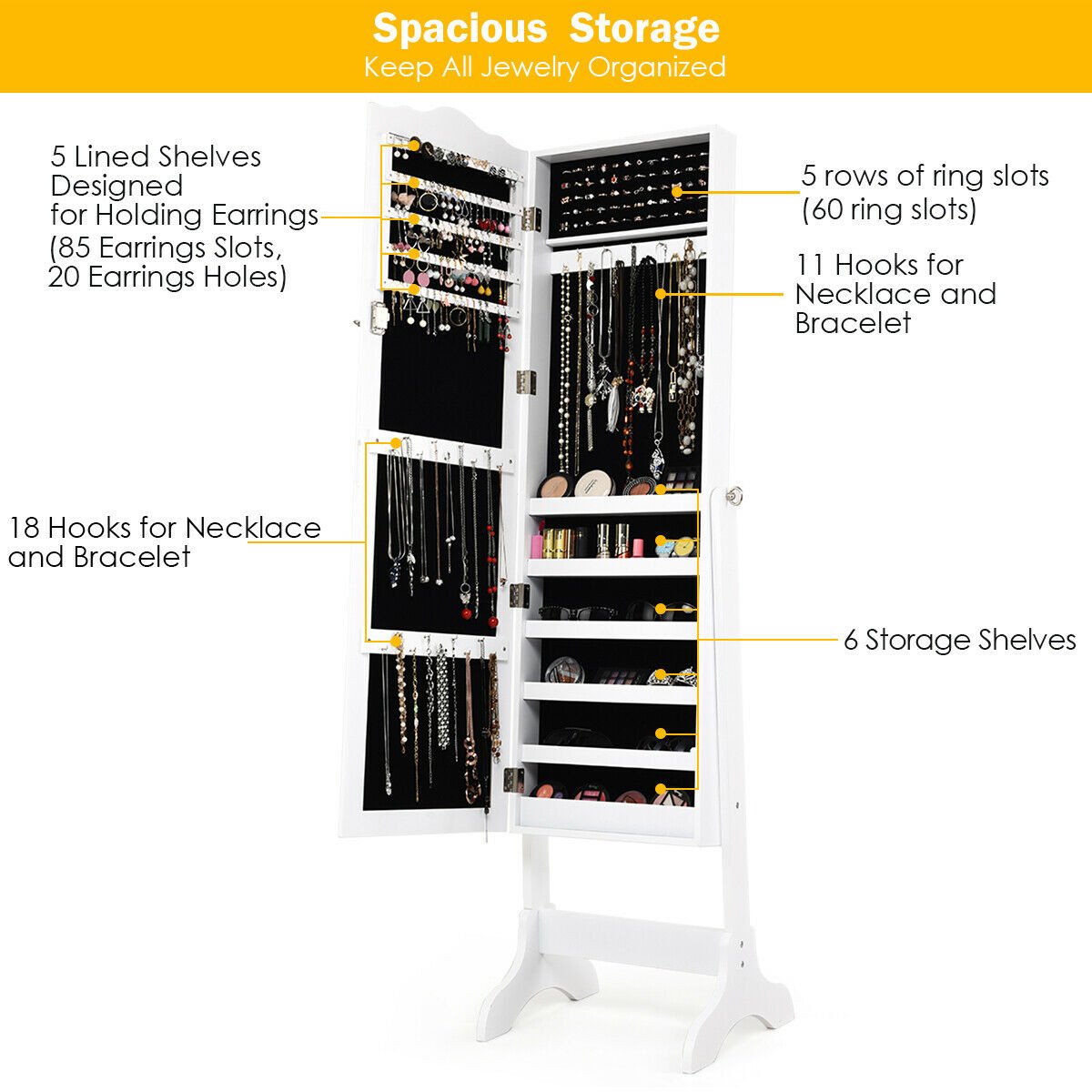 Mirrored Lockable Jewelry Cabinet Armoire Organizer Storage Box, White Jewelry Armoires   at Gallery Canada