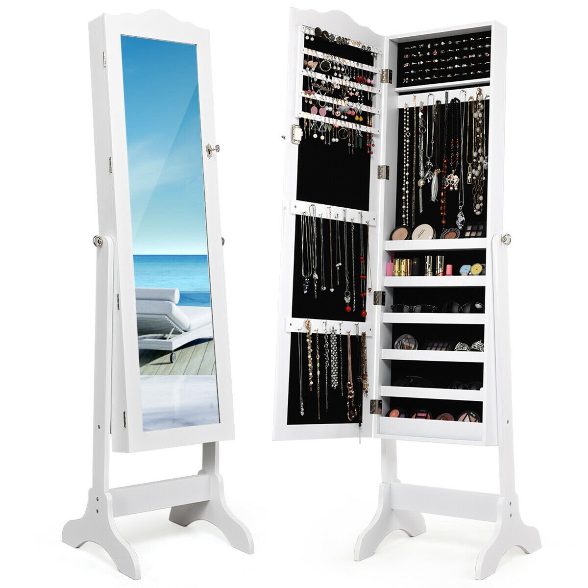 Mirrored Lockable Jewelry Cabinet Armoire Organizer Storage Box, White Jewelry Armoires   at Gallery Canada