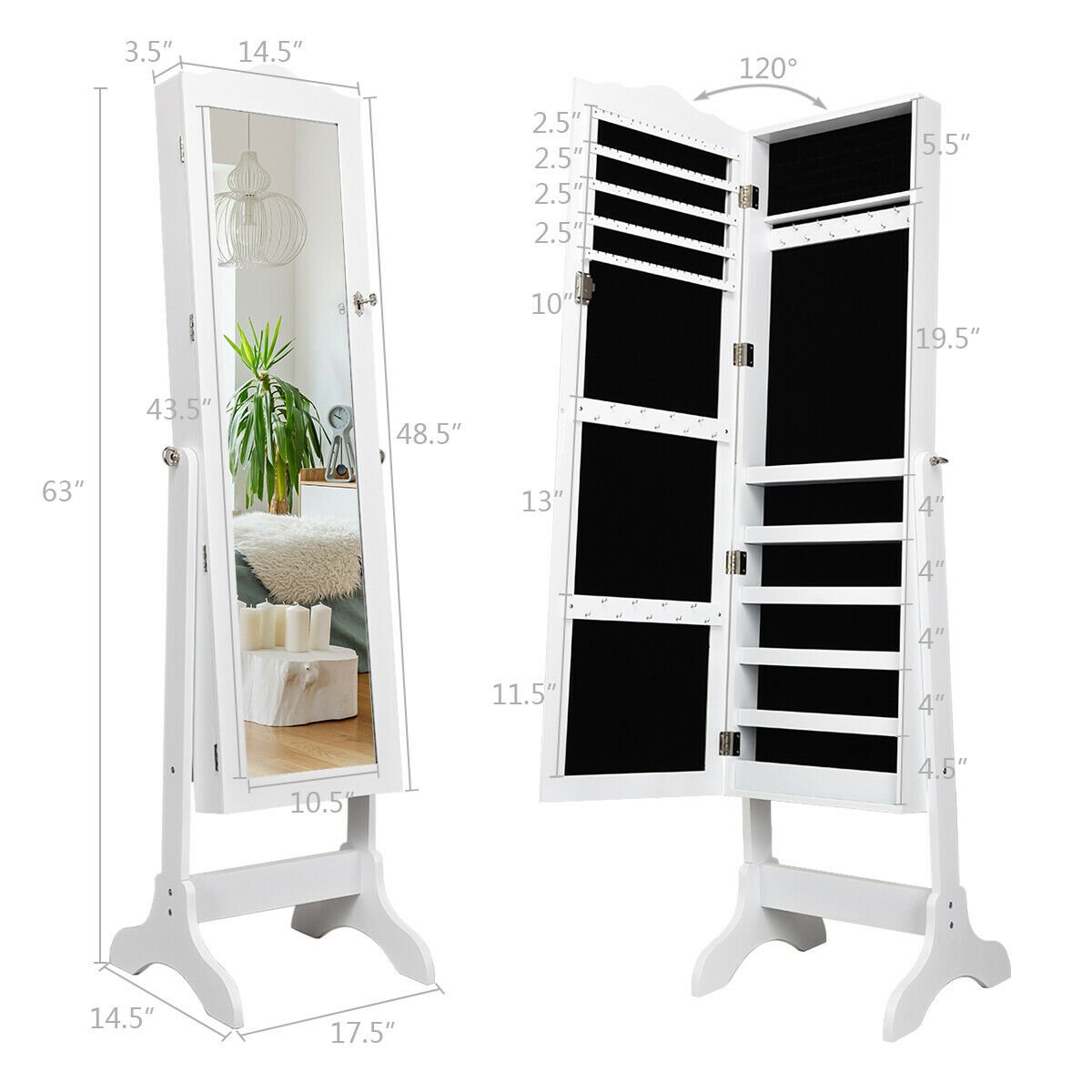 Mirrored Lockable Jewelry Cabinet Armoire Organizer Storage Box, White Jewelry Armoires   at Gallery Canada