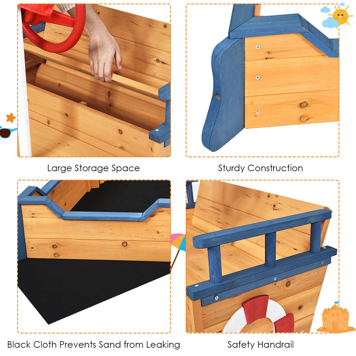 Wooden Pirate Boat Wood Sandbox for Kids - Gallery Canada