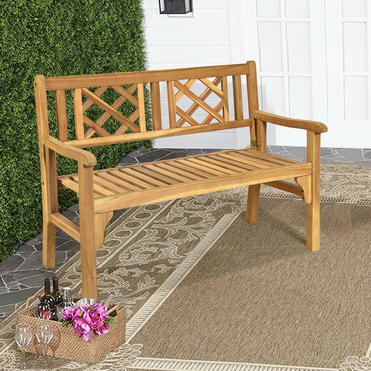 Patio Foldable Bench with Curved Backrest and Armrest, Natural Outdoor Benches   at Gallery Canada