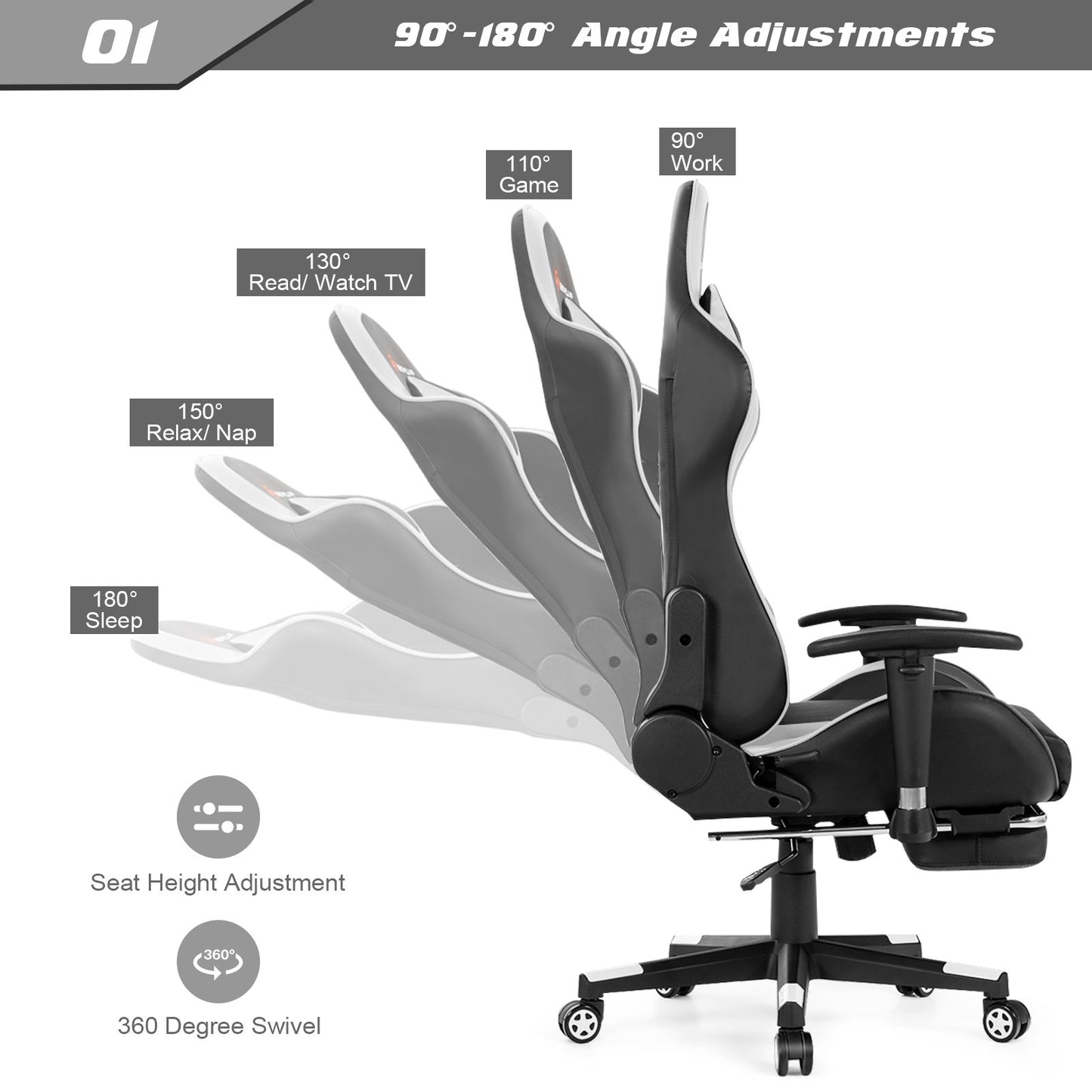 Massage Gaming Chair with Footrest, White Gaming Chairs   at Gallery Canada