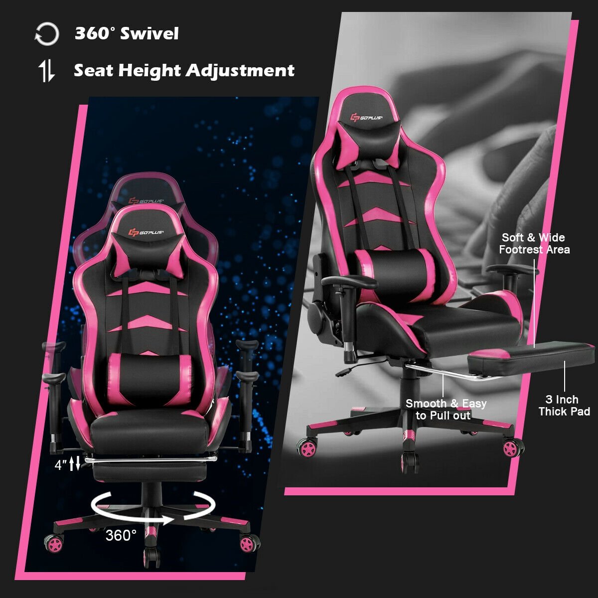 Massage Gaming Chair with Footrest, Pink Gaming Chairs   at Gallery Canada