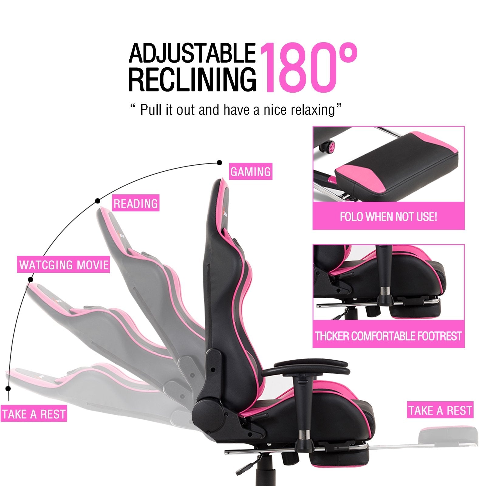 Massage Gaming Chair with Footrest, Pink Gaming Chairs   at Gallery Canada