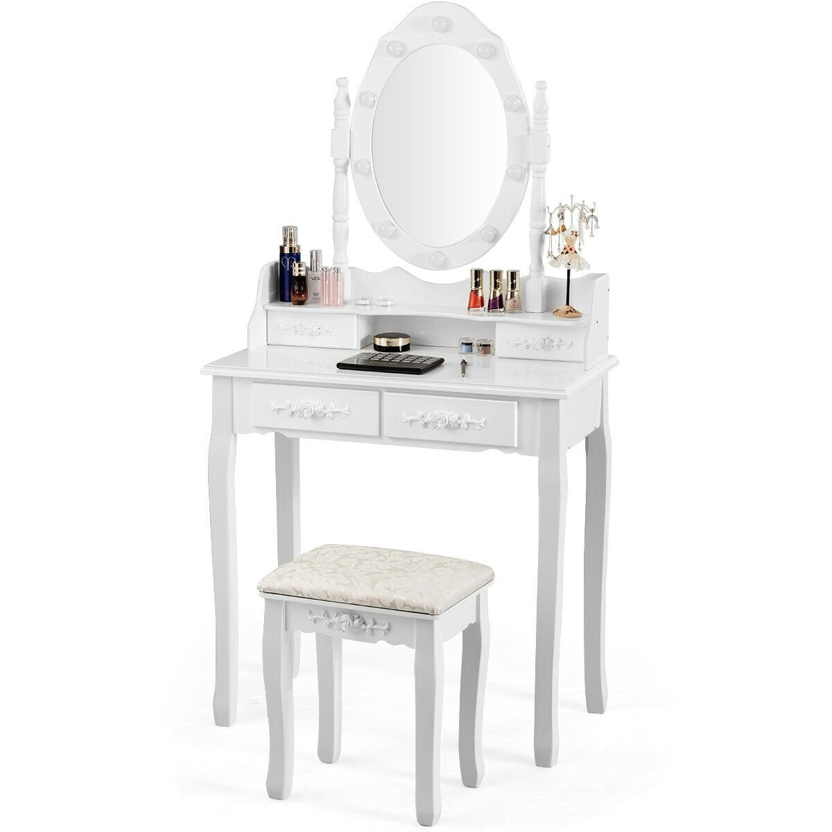 Vanity Table Set with Mirror and Soft Cushioned Stool, White Makeup Vanities   at Gallery Canada