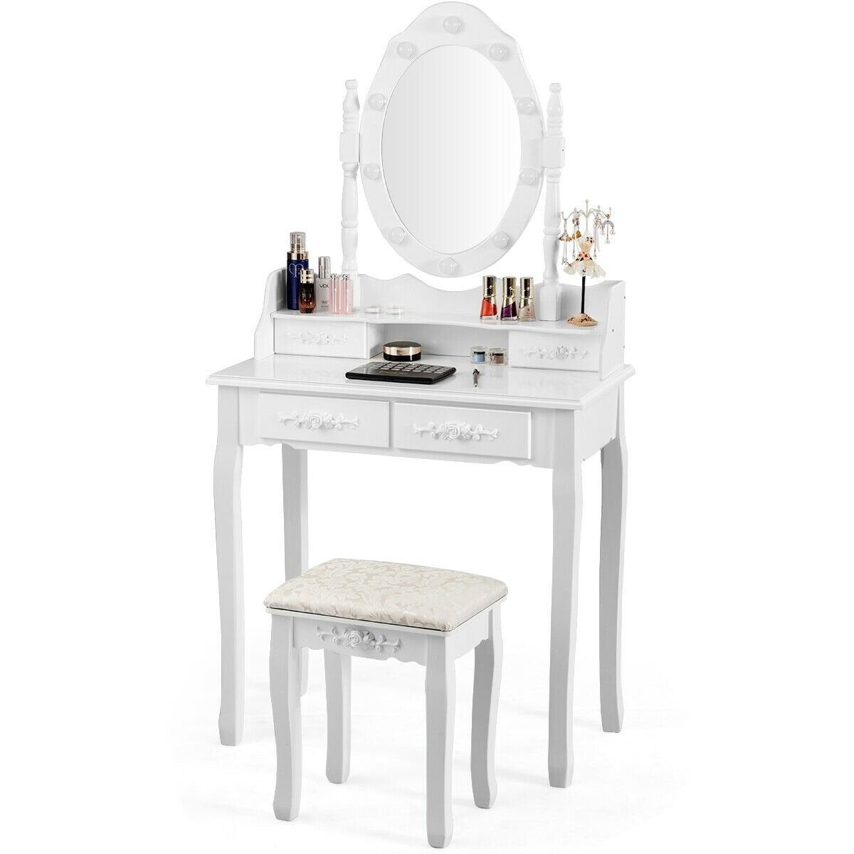 Vanity Table Set with Mirror and Soft Cushioned Stool, White - Gallery Canada
