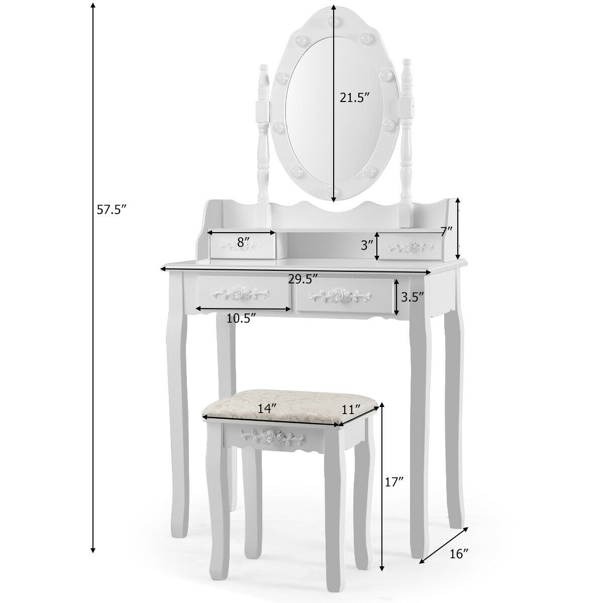 Vanity Table Set with Mirror and Soft Cushioned Stool, White Makeup Vanities   at Gallery Canada