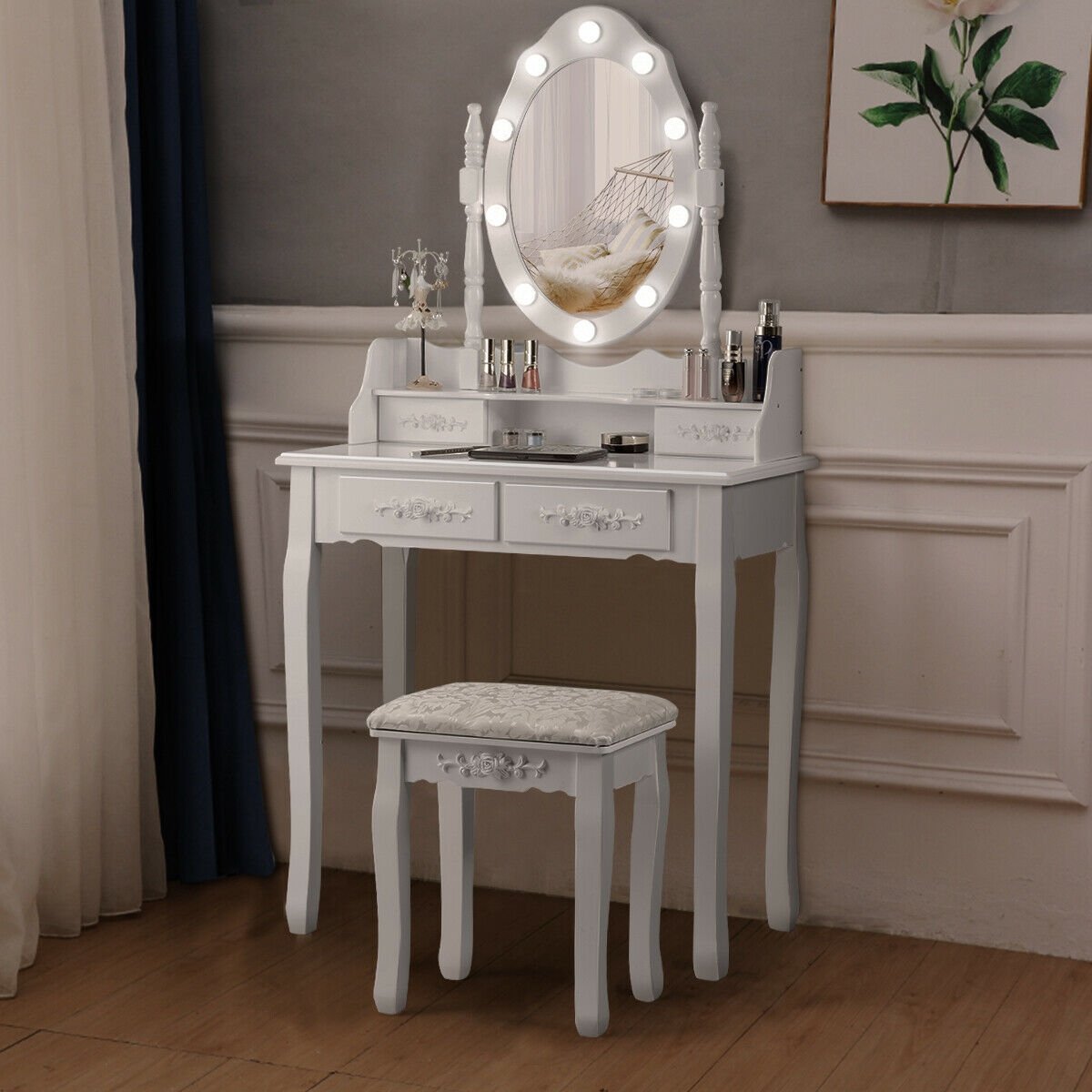 Vanity Table Set with Mirror and Soft Cushioned Stool, White Makeup Vanities   at Gallery Canada