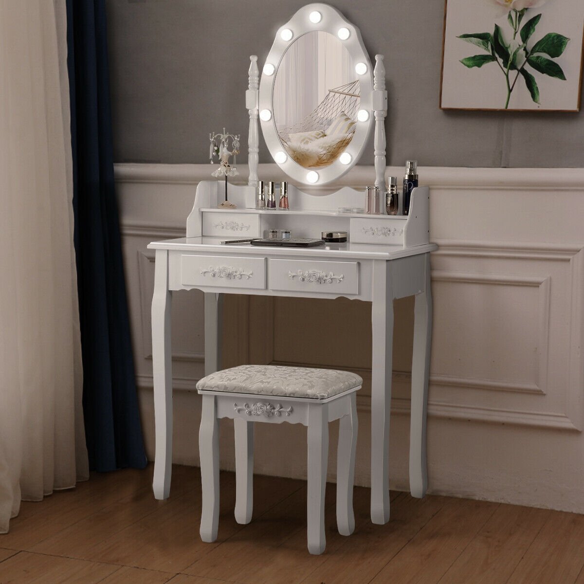 Vanity Table Set with Mirror and Soft Cushioned Stool, White - Gallery Canada