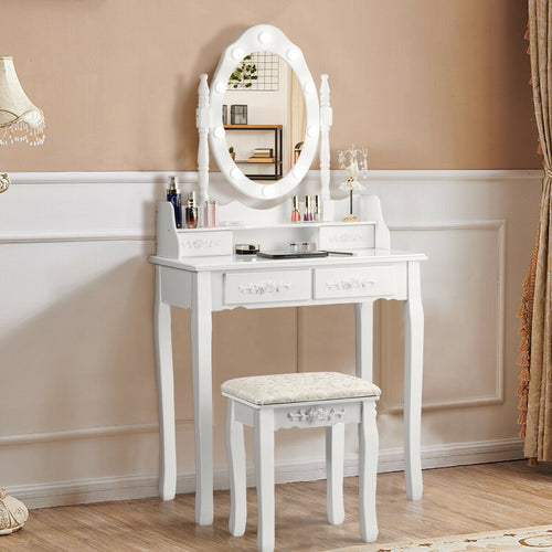 Vanity Table Set with Mirror and Soft Cushioned Stool, White