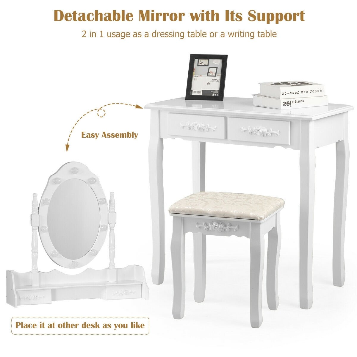 Vanity Table Set with Mirror and Soft Cushioned Stool, White Makeup Vanities   at Gallery Canada