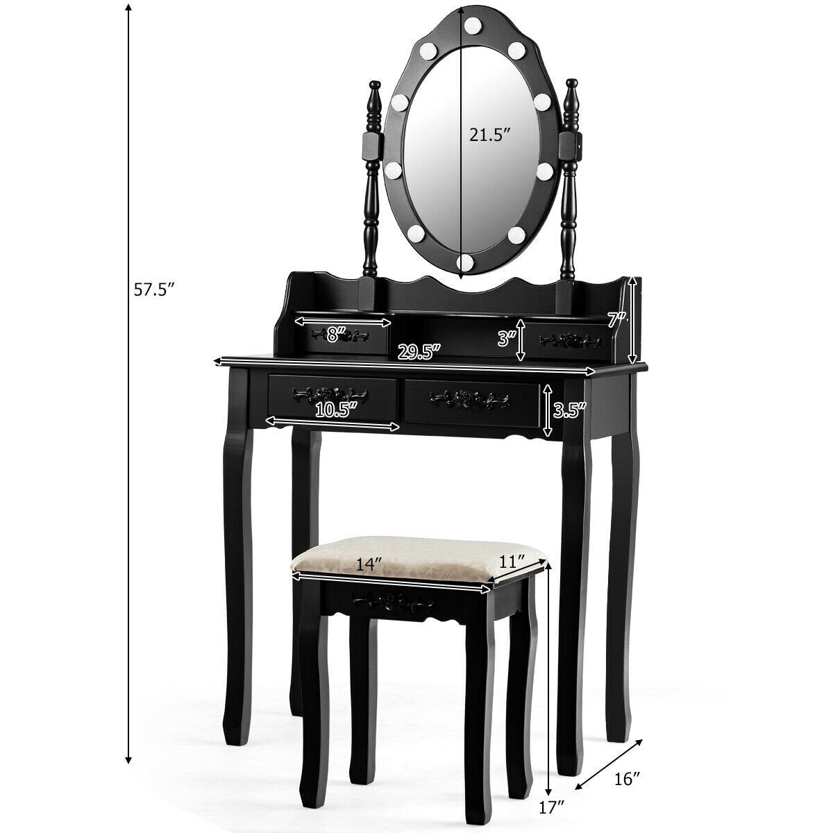 Vanity Table Set with Mirror and Soft Cushioned Stool, Black Makeup Vanities   at Gallery Canada