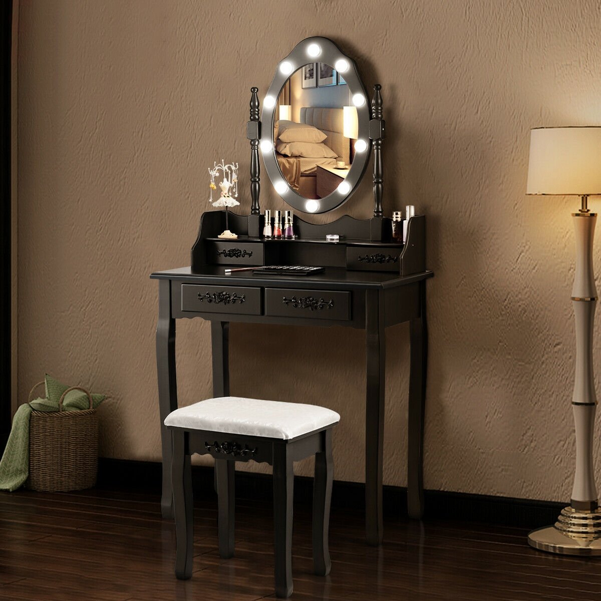 Vanity Table Set with Mirror and Soft Cushioned Stool, Black Makeup Vanities   at Gallery Canada